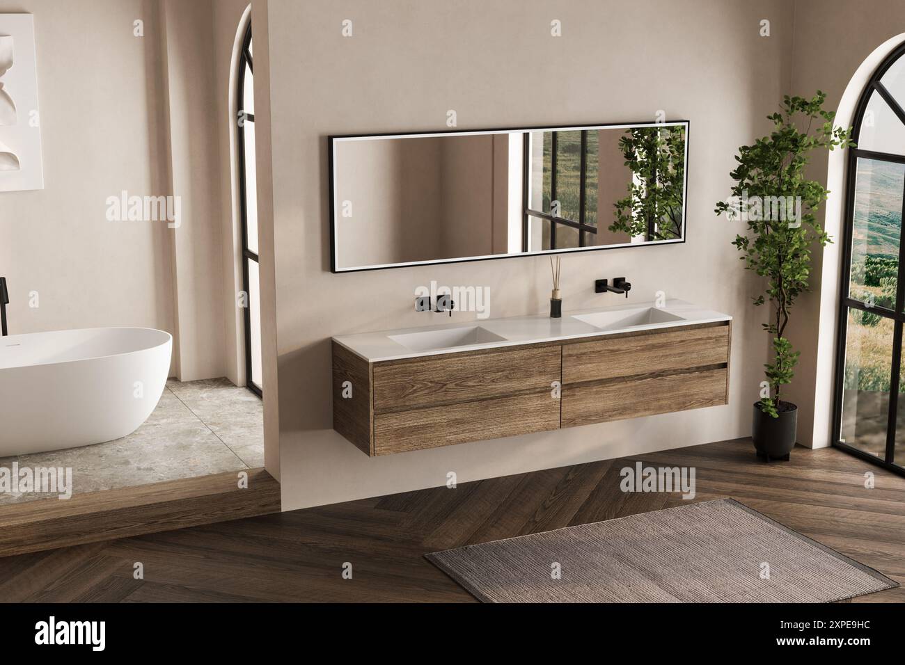 Beige bathroom interior with white basin and mirror, parquet floor ...
