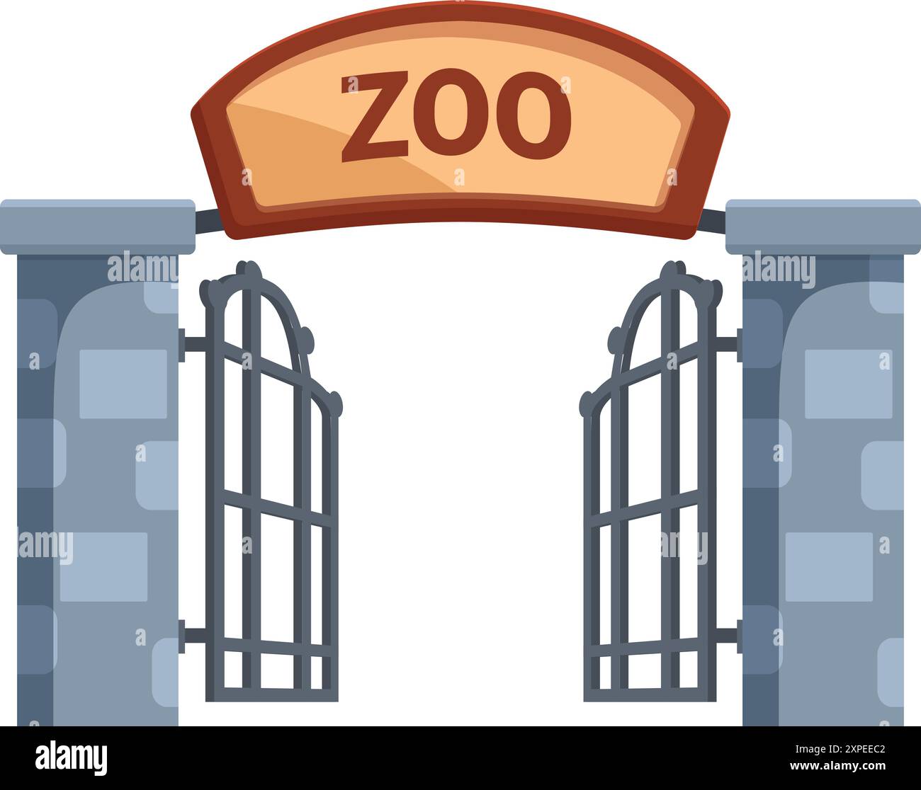 Open iron gates with welcome sign above welcoming visitors to the zoo for a day of wildlife viewing Stock Vector