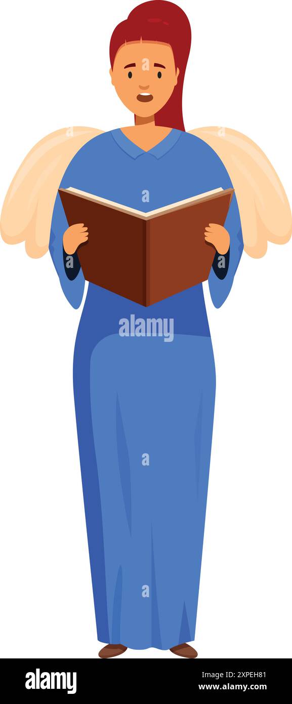 Christmas angel singing holding a book wearing blue dress Stock Vector