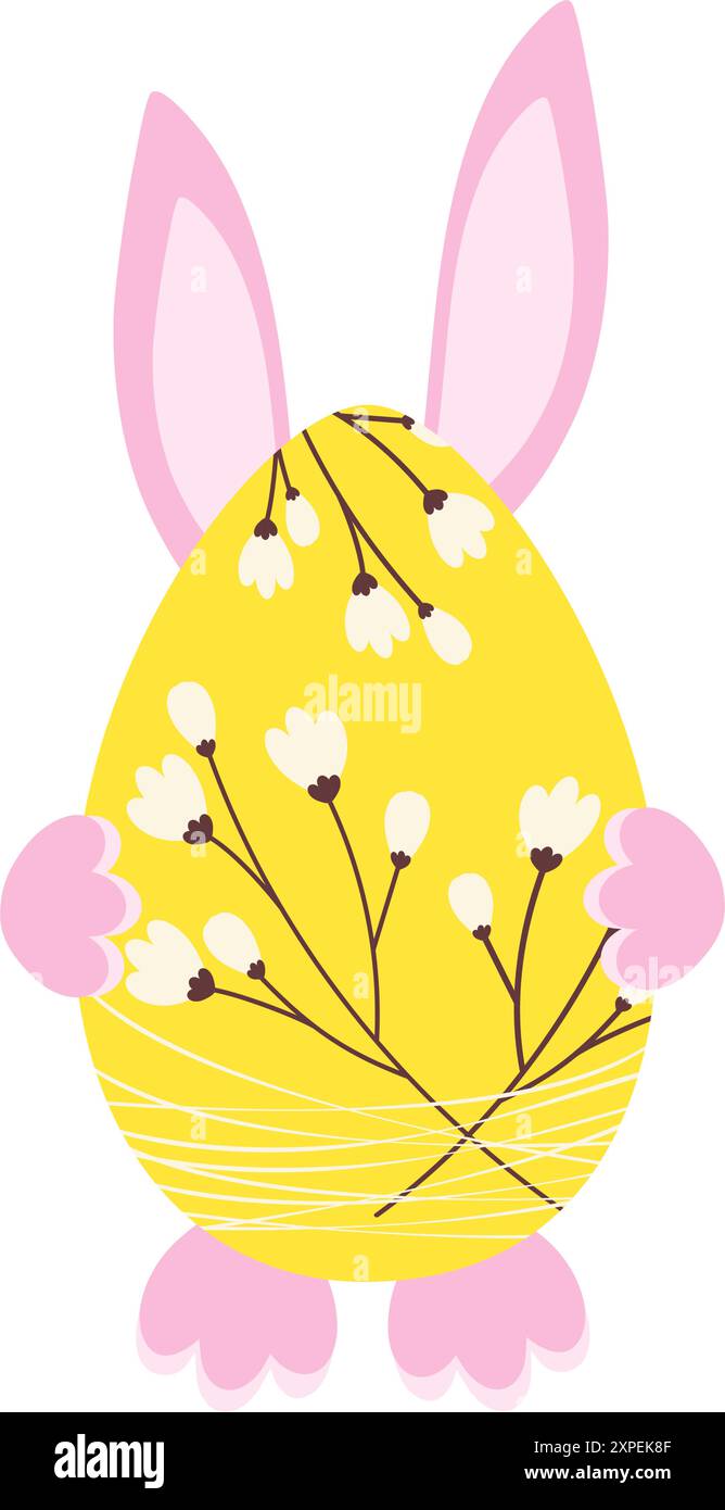 Easter egg with flower decor and soft pink bunny ears and paws behind ...