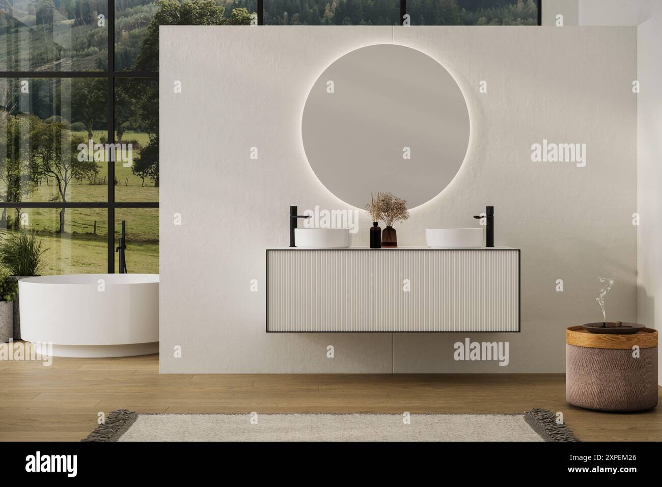 Elegant bathroom with white walls, white basin with oval mirrors ...