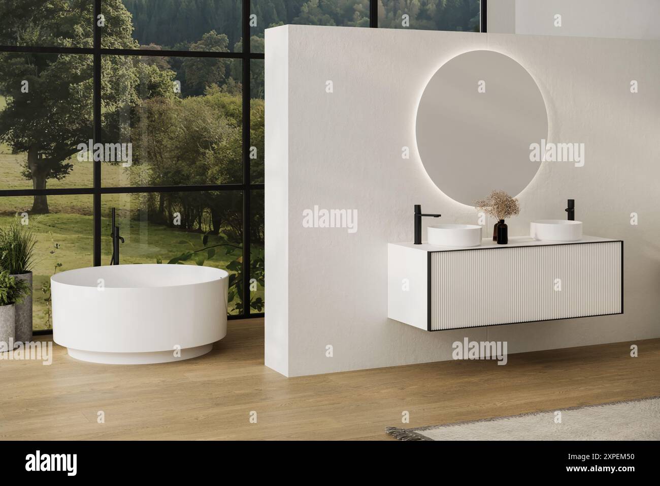 Elegant bathroom with white walls, white basin with oval mirrors ...