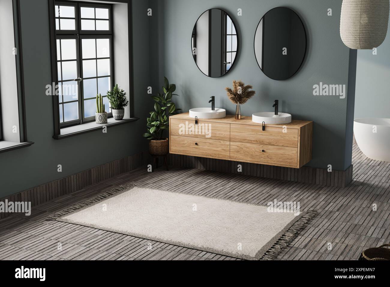 Elegant bathroom with blue tones walls, white basin with oval mirrors ...