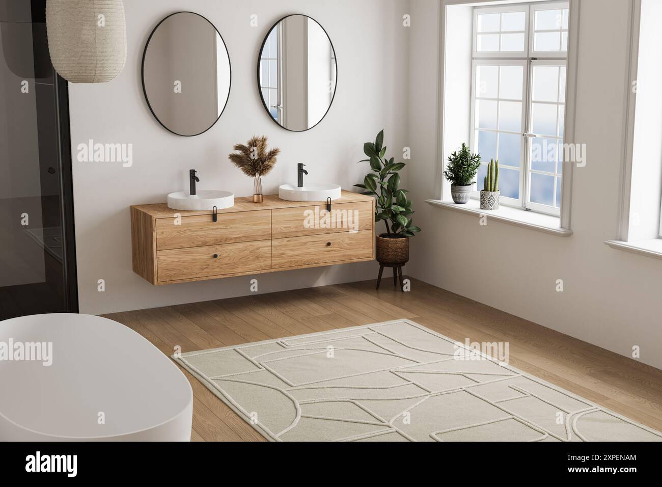 Elegant bathroom with white walls, white basin with oval mirrors ...