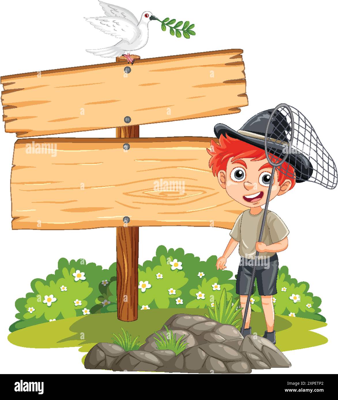 Boy holding net beside wooden signboard Stock Vector