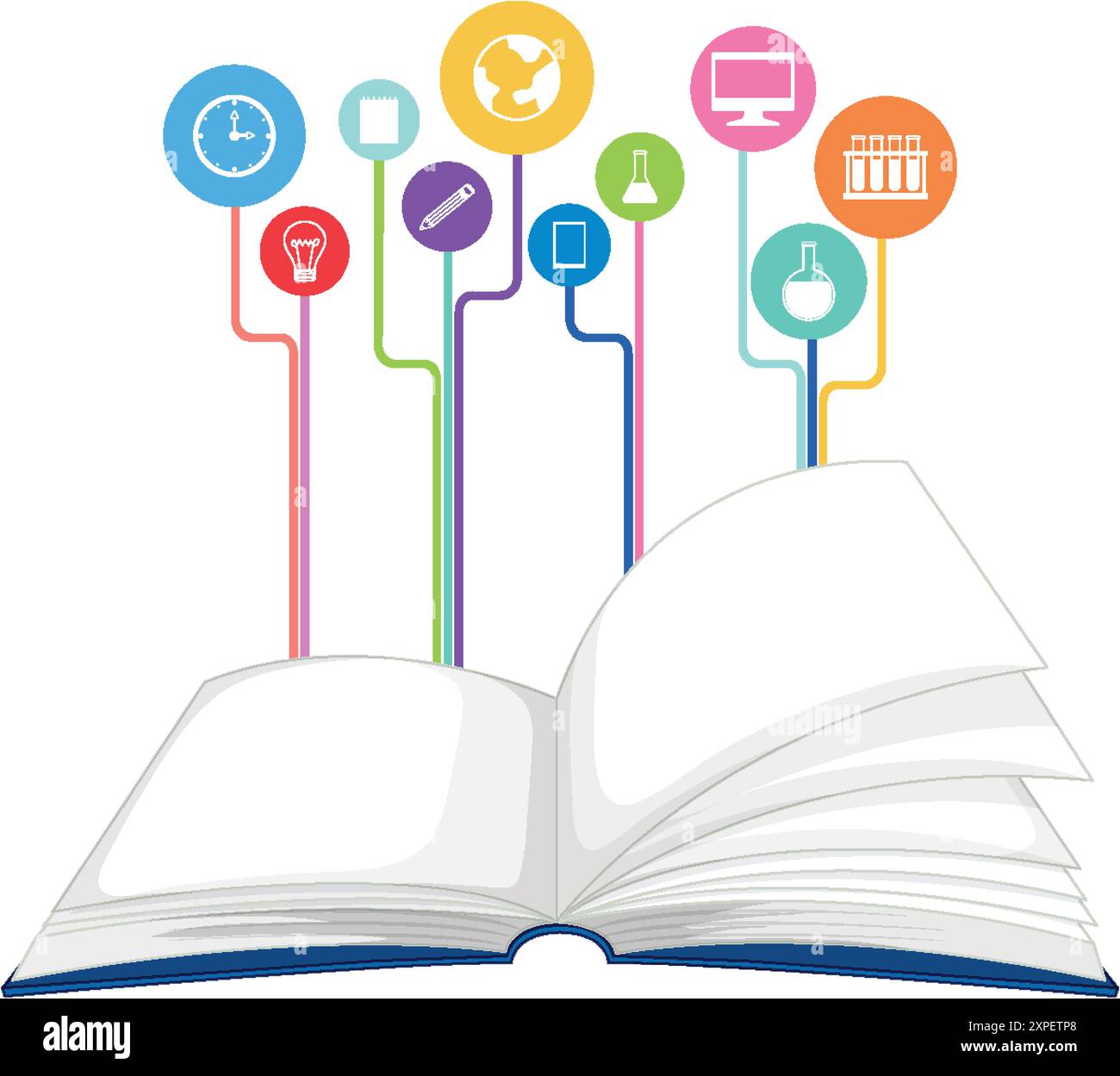 Open book with educational icons above Stock Vector