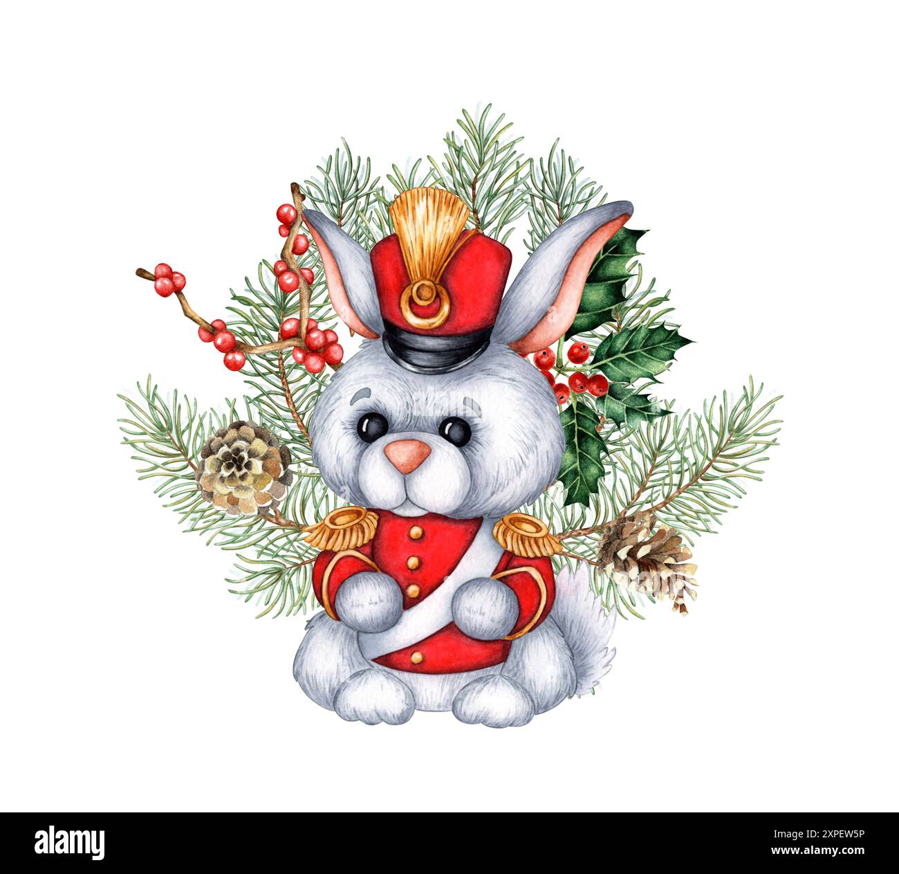 Military rabbit hussar in red dress uniform with fir branches, pine ...