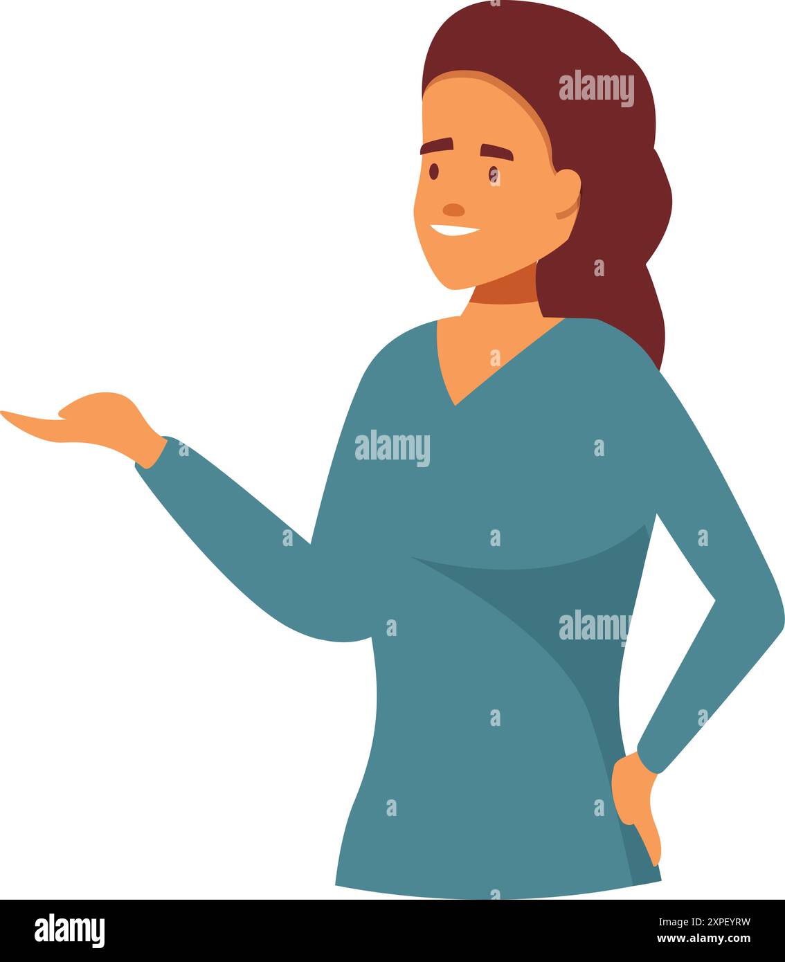 Young woman presenting smiling showing with hand copy space flat vector ...