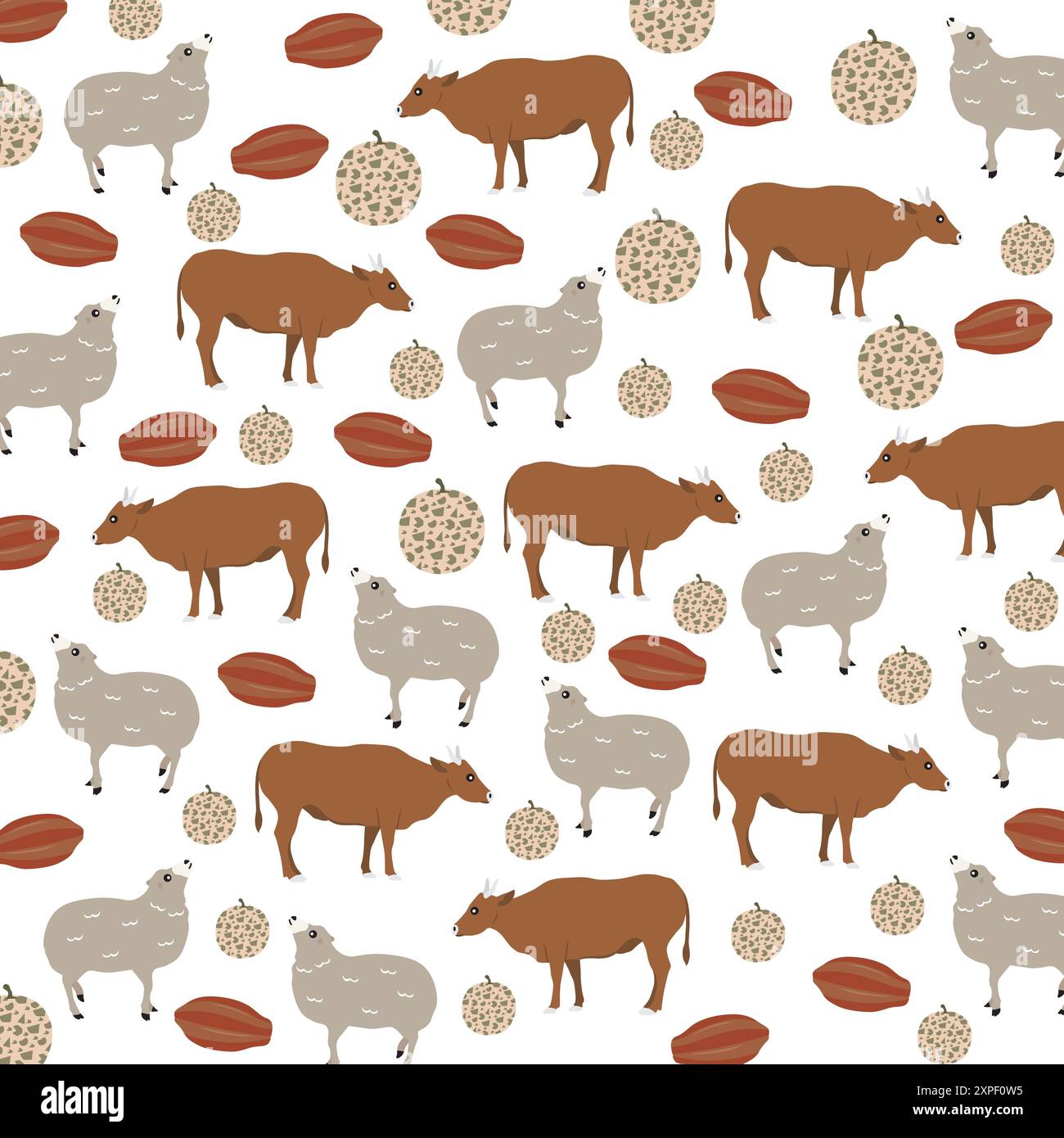 cute sheep, bull with melon and cacao as a pattern background Stock Vector