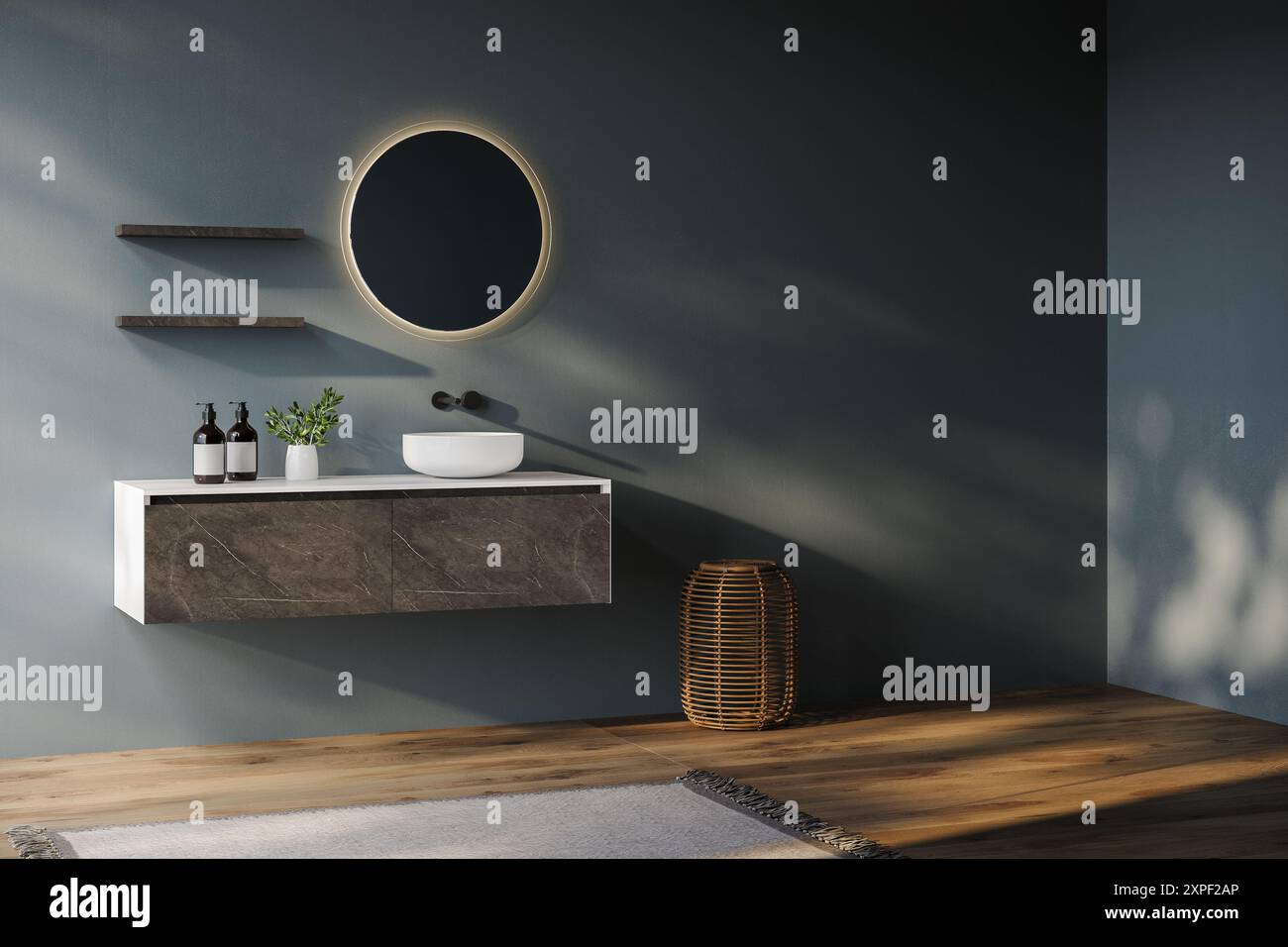 Minimal bathroom with blue tones walls, marble and white vanity, oval ...