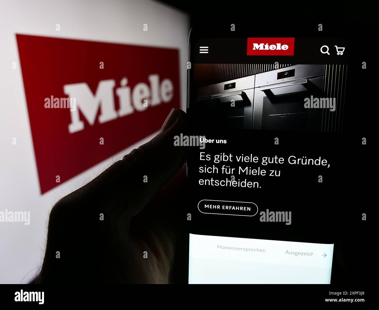 Person holding cellphone with webpage of German household appliances company Miele Cie. KG in front of logo. Focus on center of phone display. Stock Photo
