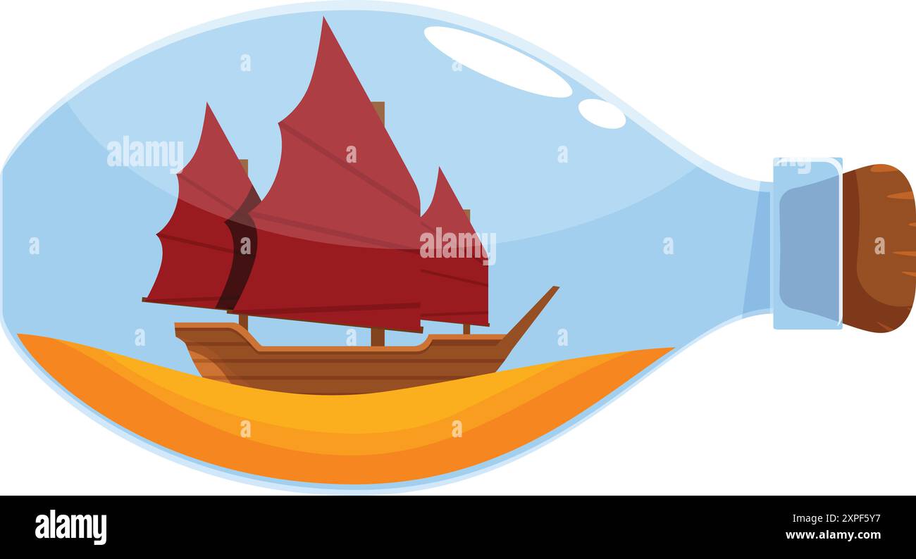 Illustration of a classic sailboat with red sails inside a bottle, evoking a sense of adventure, travel and exploration Stock Vector