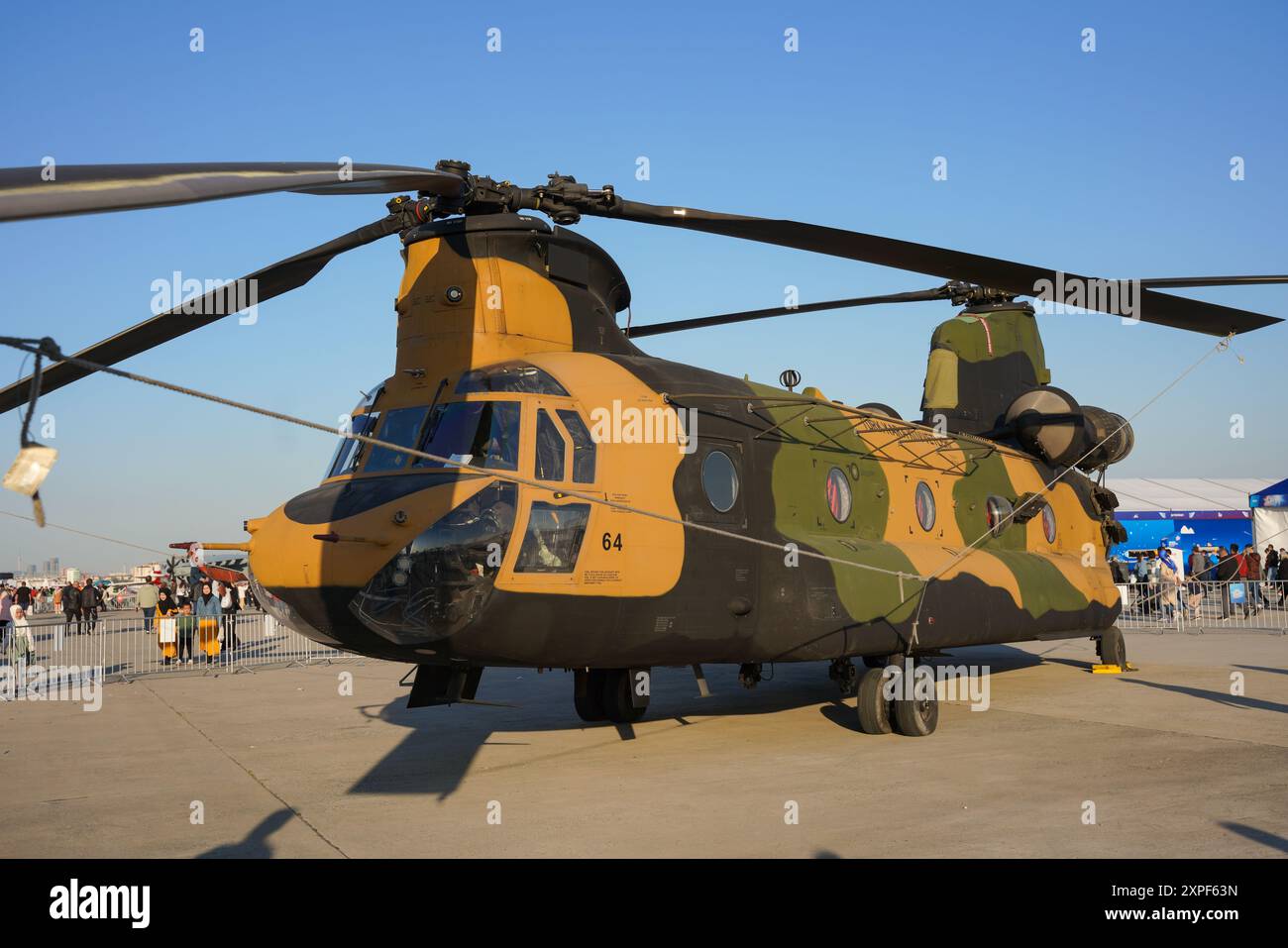 ISTANBUL, TURKIYE - MAY 01, 2023: Turkish Army Boeing CH-47F Chinook (M7464) display in Istanbul Ataturk Airport during Teknofest Istanbul Stock Photo