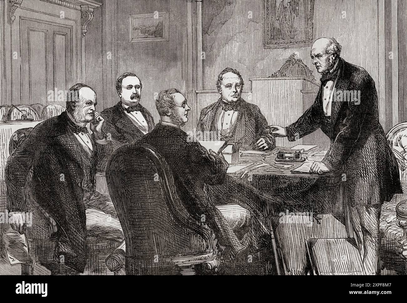 Meeting of the arbitrators on The Alabama Claims at Geneva, 1872.  From left to right, Federico Sclopis di Salerano, Count Sclopis, Jakob Stämpfli, Marcos Antônio de Araújo, 2nd Baron of Itajubá, Sir Alexander James Edmund Cockburn, 12th Baronet and Charles Francis Adams Sr.  The Alabama Claims, a series of demands for damages sought by the government of the USA from the United Kingdom in 1869, for the attacks upon Union merchant ships by Confederate Navy commerce raiders built in British shipyards during the American Civil War.  From Cassell's Illustrated History of England, published c. 1880 Stock Photo