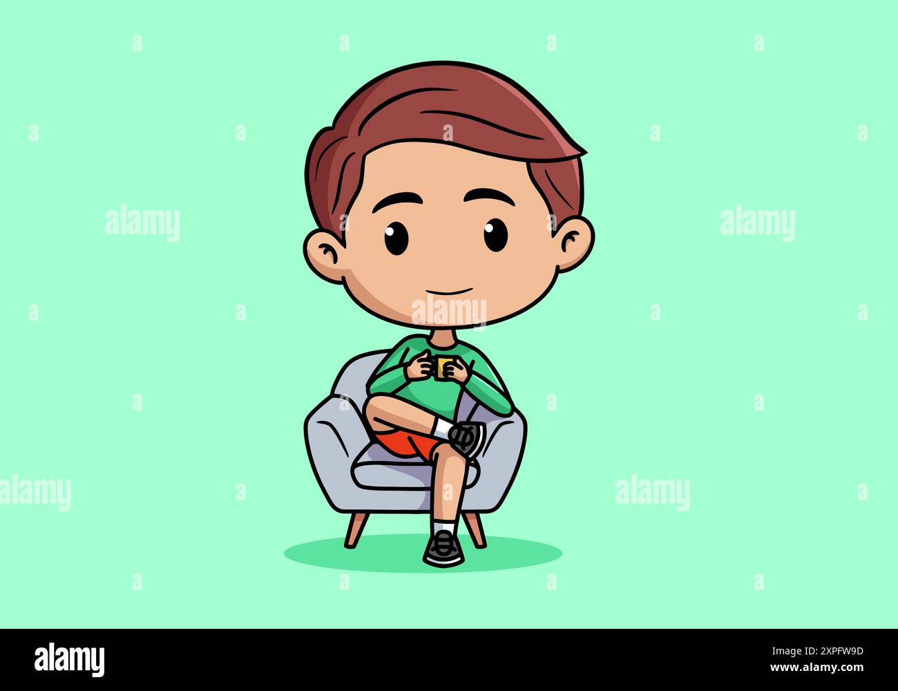 Cute boy character sitting on the sofa and drinking coffee illustration ...