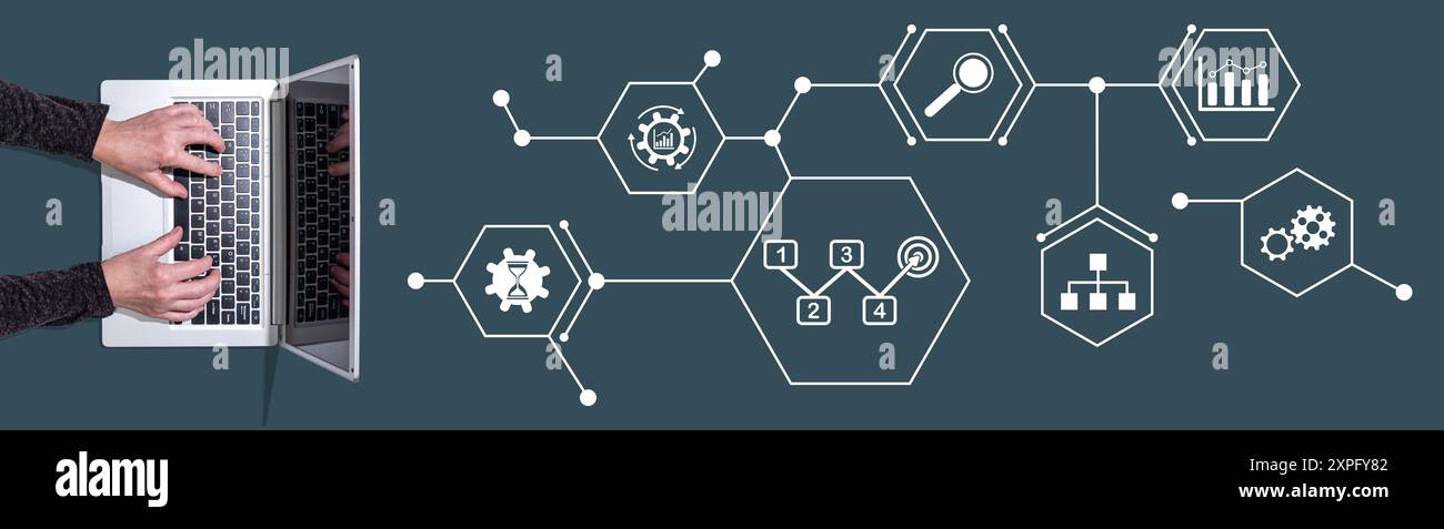 Top view of hands using laptop with symbol of action plan concept Stock ...