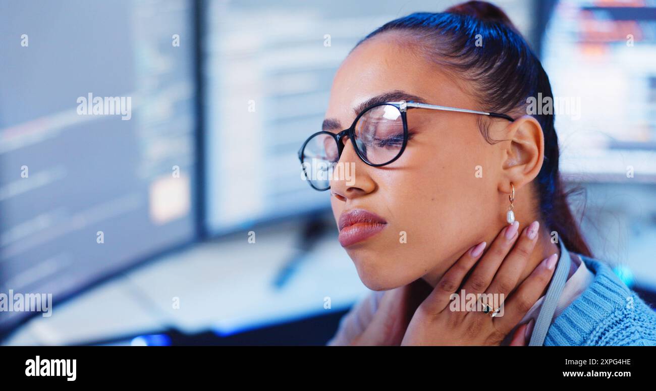 Woman, stress and neck pain by computer in office for programming ...