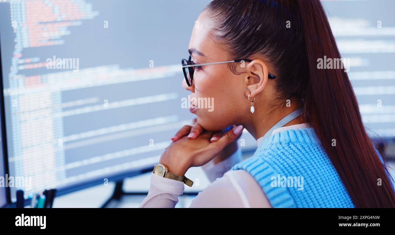 Coding, woman and thinking with computer for software development ...