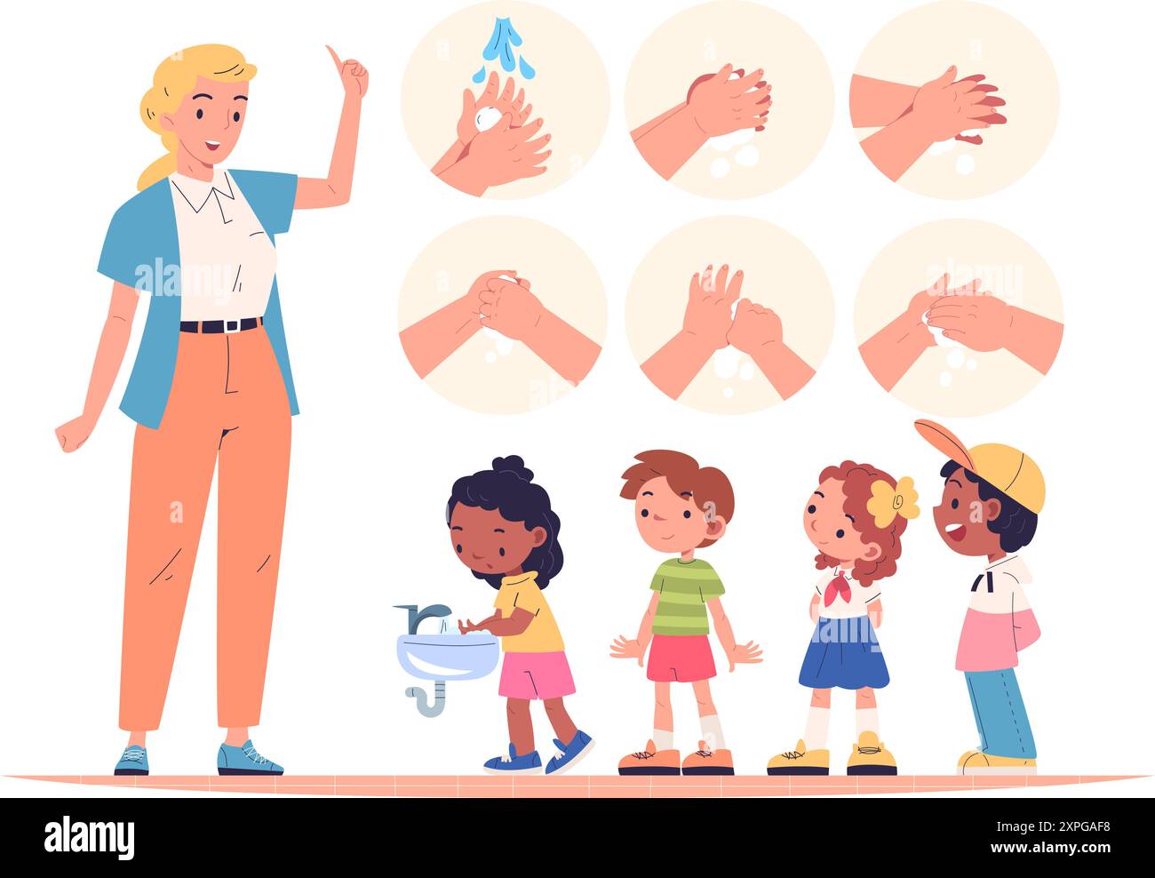 Kids washing hands. Teacher teaching children wash hand with soap in school faucet sink bathroom, hygiene handwash education cartoon boy and girl child, classy vector illustration authors graphics Stock Vector