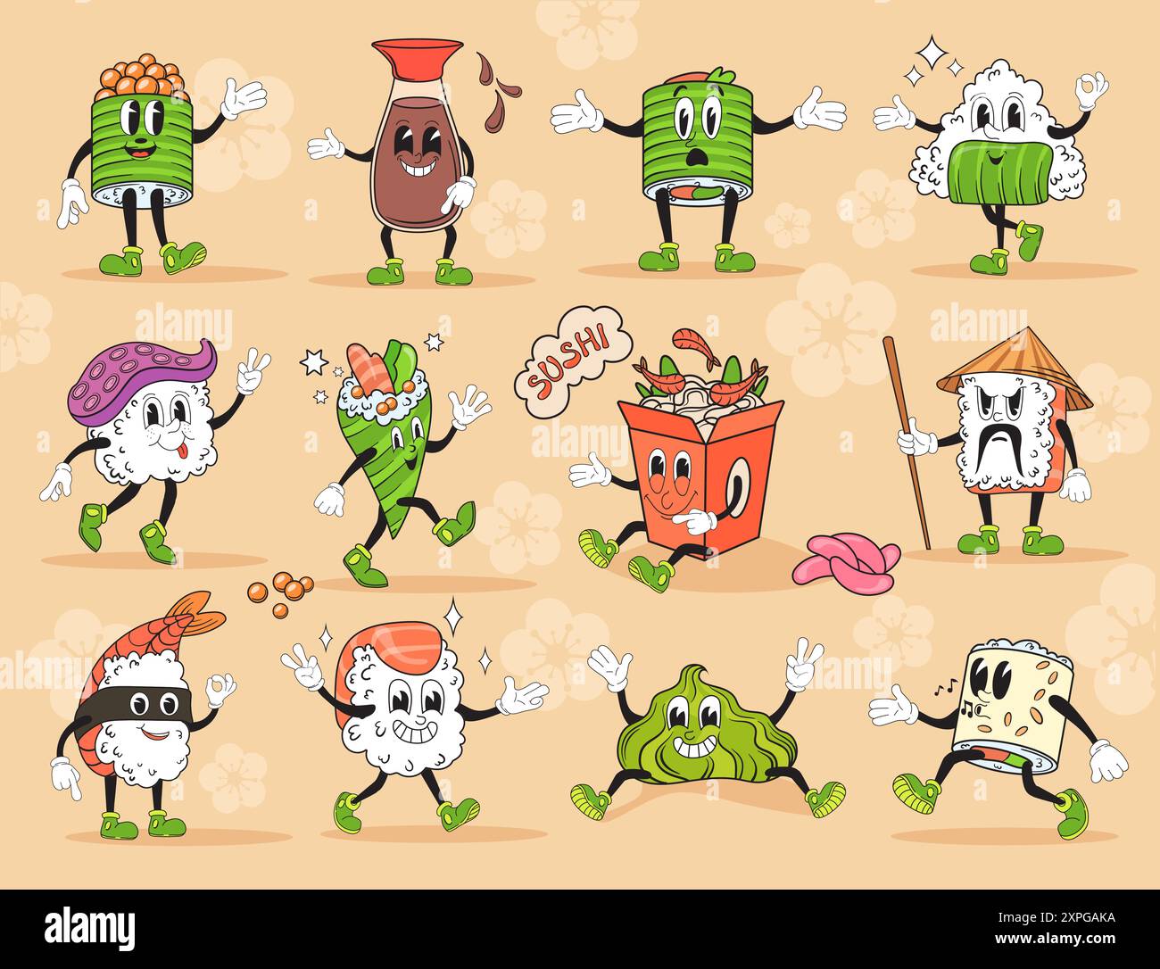 Cartoon sushi rolls characters. Japanese food retro mascot, rice onigiri fresh salmon sushis oriental meal comic character vintage manga 60s 70s, doodle neat vector illustration authors graphics Stock Vector