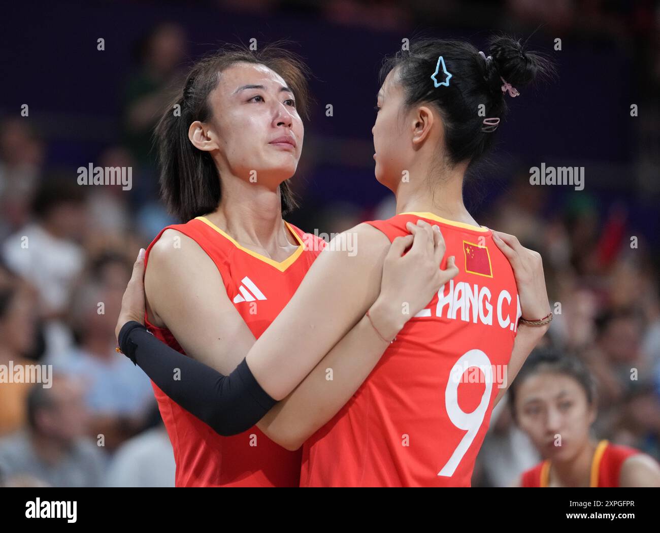 Paris, France. 6th Aug, 2024. Wang Yuanyuan (L) hugs Zhang Changning of ...