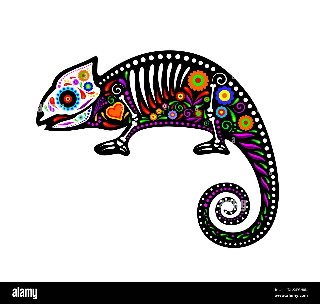 Mexican chameleon lizard animal tattoo with skull and bones in flowers ornament, vector skeleton silhouette. Chameleon lizard tattoo with heart and ma Stock Vector