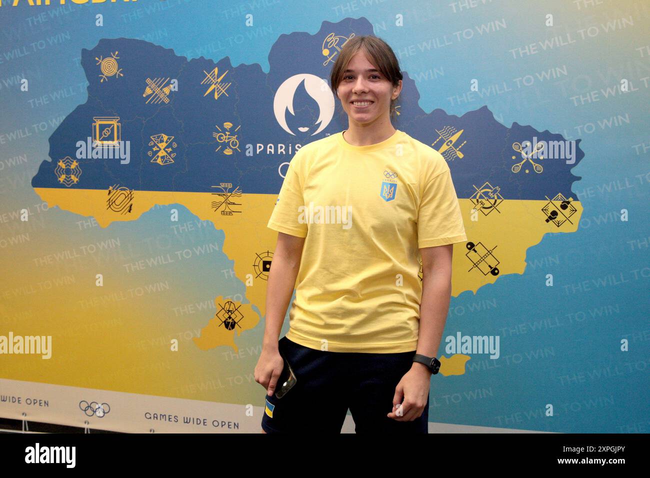KYIV, UKRAINE - AUGUST 2, 2024 - Ukrainian freestyle wrestler Tetiana Sova poses for a photo during the ceremony to seethe national women’s wrestling squad off to the Paris 2024 Olympic Games at the Kyiv-Pasazhyrskyi railway station, Kyiv, capital of Ukraine. Stock Photo