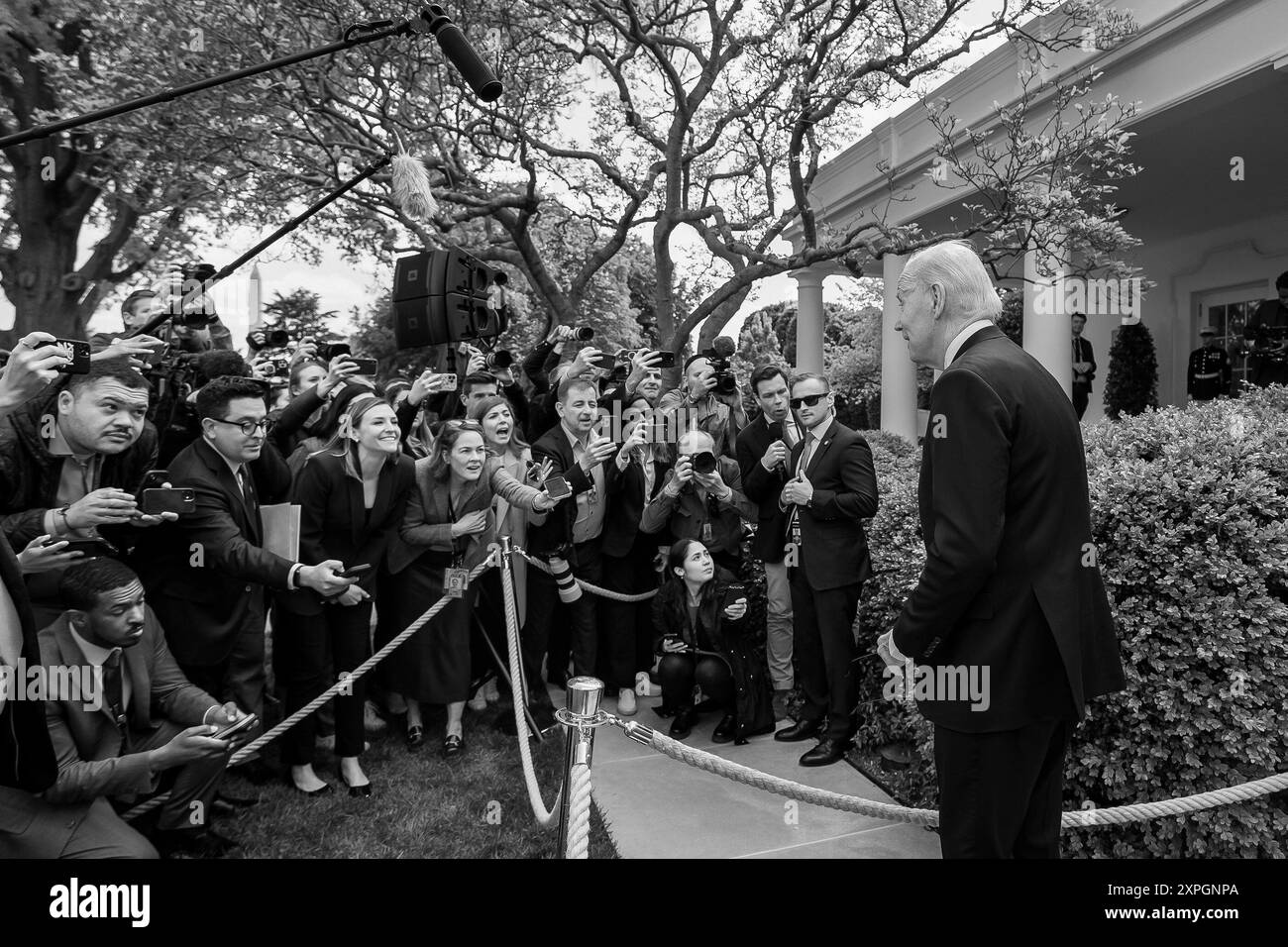 President Joe Biden speaks with members of the press following his remarks at an event celebrating the 2023 National Teacher of the Year and State Teachers of the Year, Monday, April 24, 2023 in the Rose Garden of the White House. (Official White House Photo by Cameron Smith) Stock Photo
