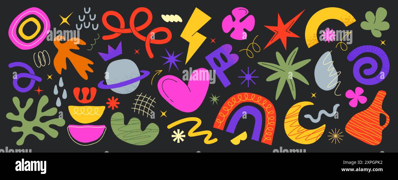 Vector set of abstract freeform shapes, geometric forms, squiggles or doodle design elements. Collection of hand drawn trendy simple figures, colored natural organic objects, curls on black background Stock Vector