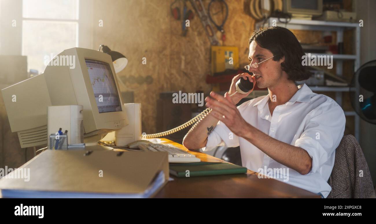 Caucasian Male Stock Trader Using Old Desktop Computer With Financial ...