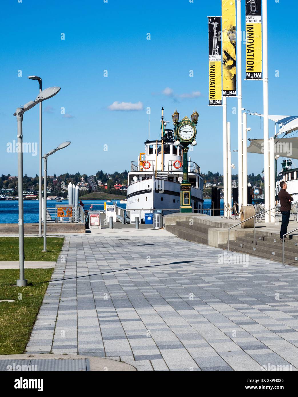 Seattle, USA - October 4, 2018: Promenade on the shores of Lake Union in Lake Union Park Stock Photo