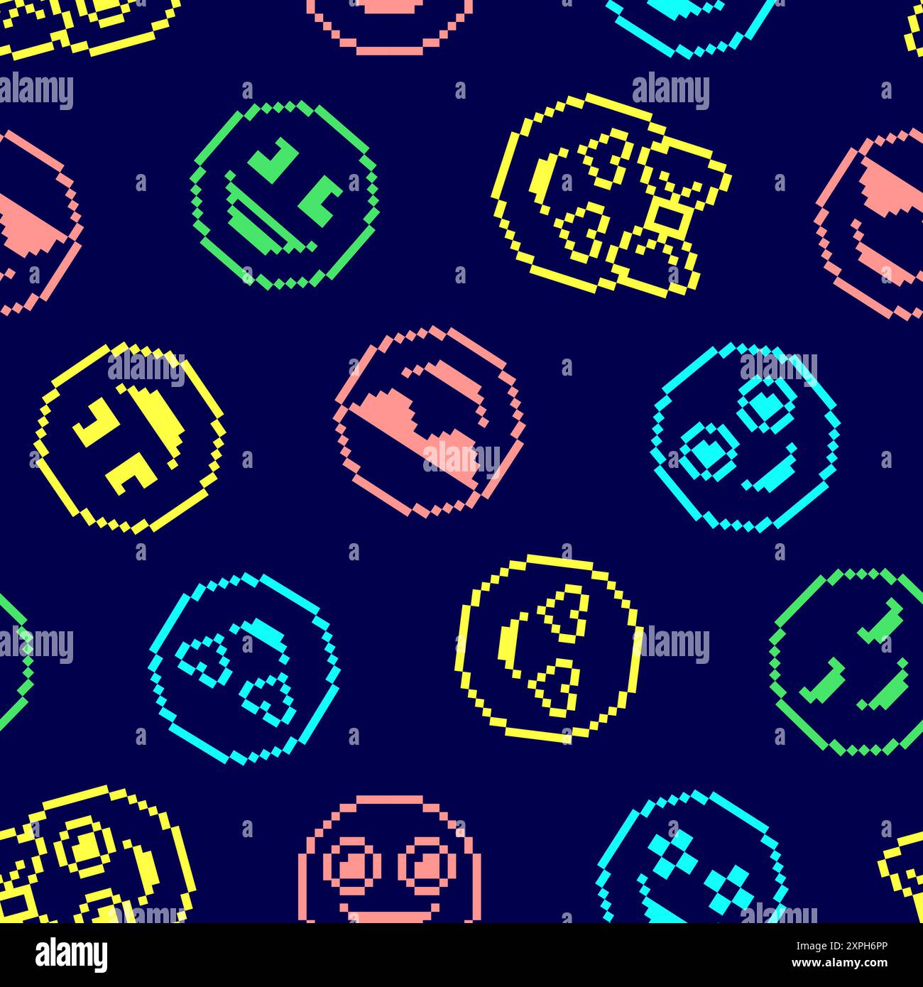 Seamless pattern with cute emoticons on dark background. Stock Vector