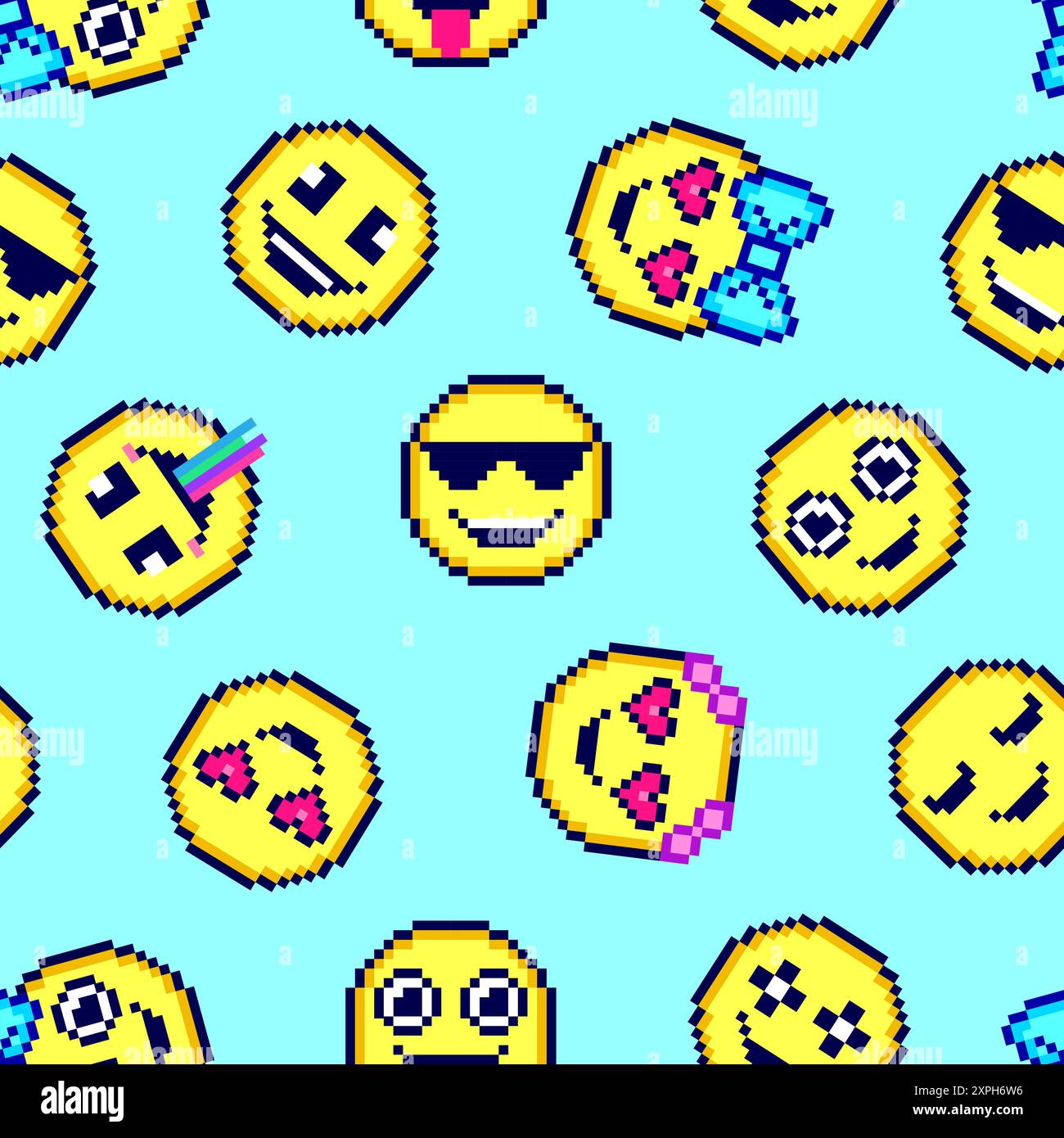 Seamless pattern with cute emoticons on blue background. Stock Vector