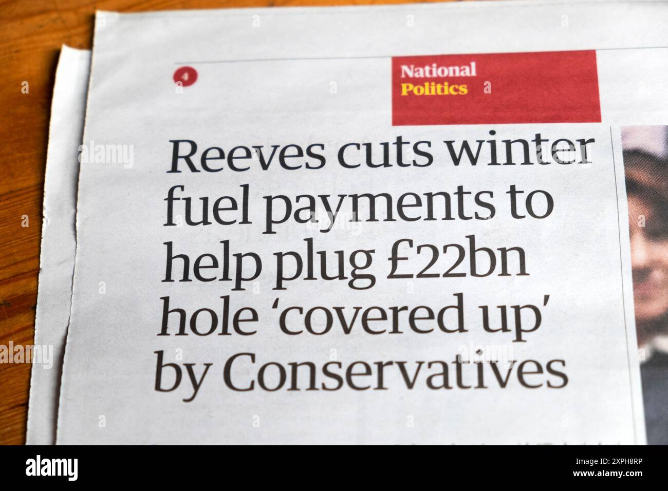 Rachel 'Reeves cuts winter fuel payments to help plug £22bn hole 'covered up' by Conservatives' Guardian newspaper headline article 3 August 2024 UK Stock Photo