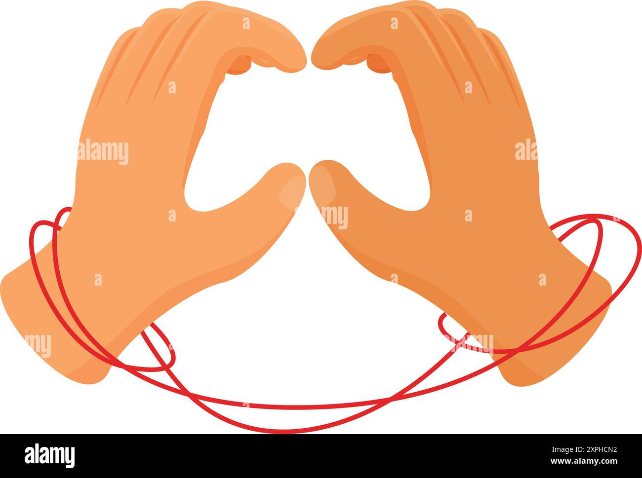 Hands tied with red thread are making heart shape, love and ...