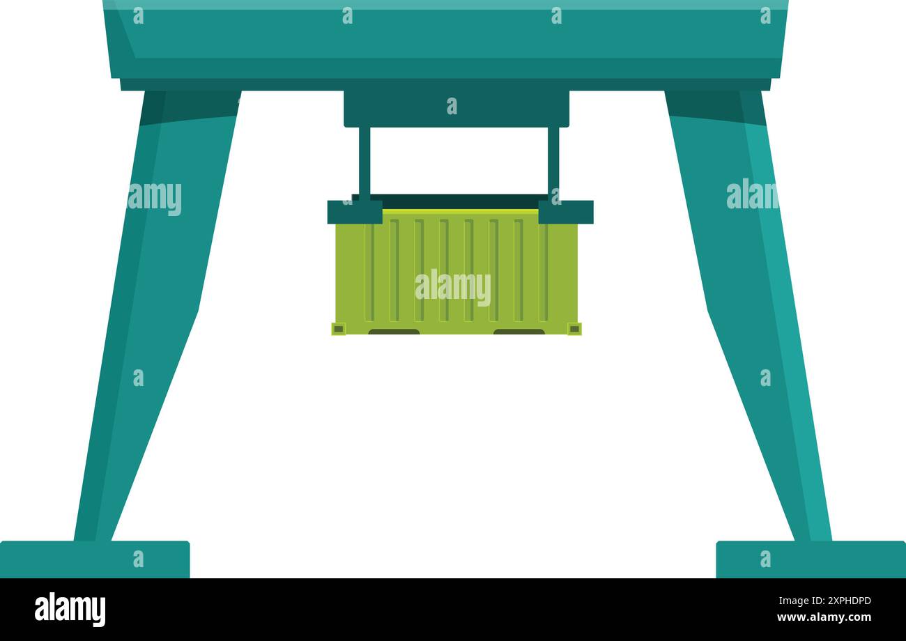 Green gantry crane lifting cargo container, freight transportation and logistics concept Stock Vector