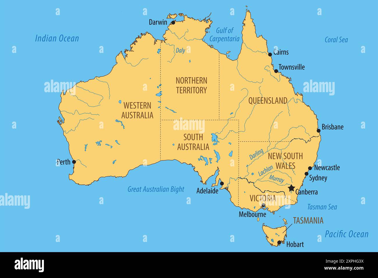 Vector map of Australia with the federated states and major cities Stock Photo