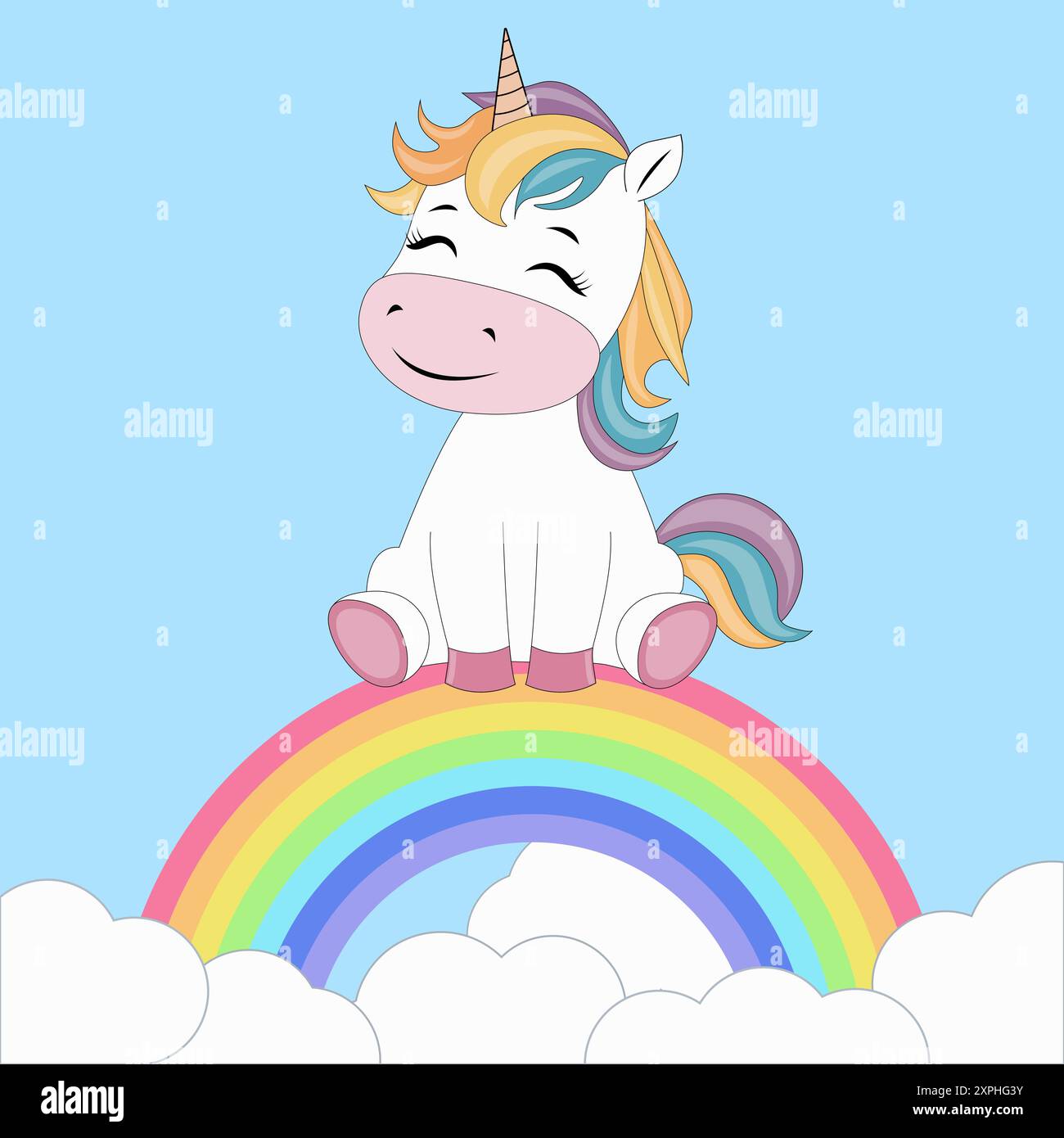 Unicorn sitting on a rainbow with clouds Stock Photo - Alamy