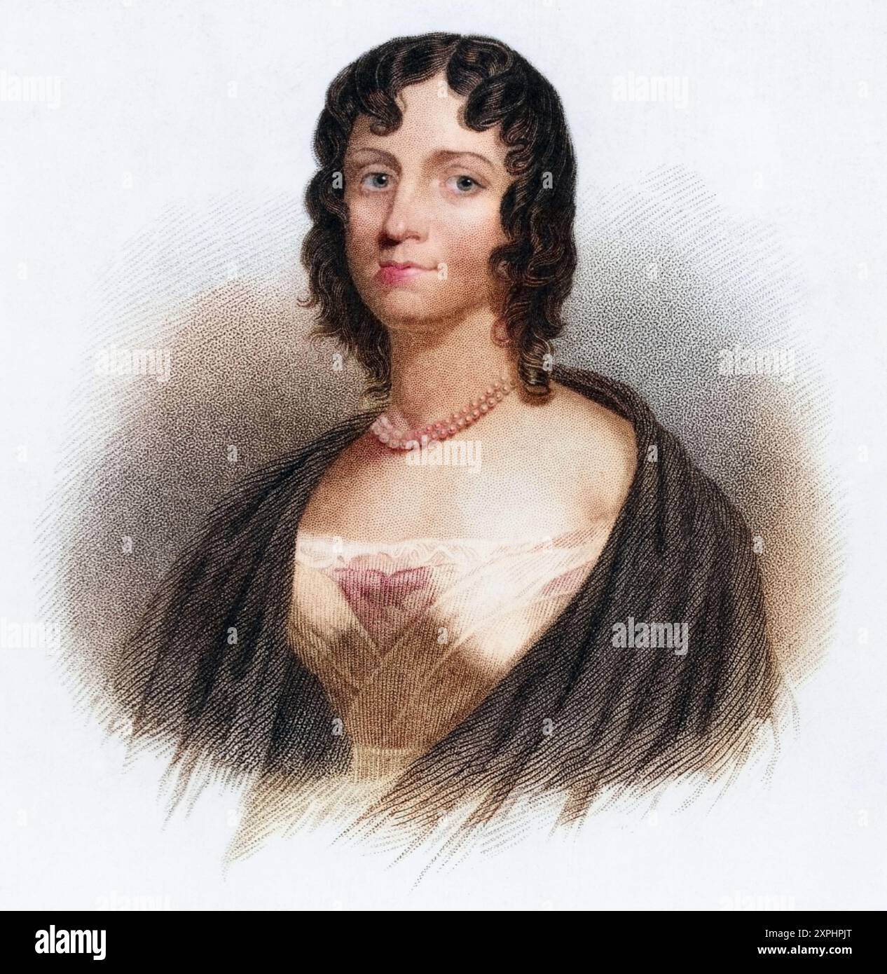 Felicia Dorothea Hemans (1793-1835), englische Dichterin. Heute vor allem für ihr Gedicht „Casabianca“ bekannt (Der Junge stand auf dem brennenden Deck, von dem alle außer ihm geflohen waren). Bei der Schlacht am Nil (1798) blieb Giocante, der 12-jährige Sohn von Luce Julien Joseph Casabianca, auf seinem Posten an Deck des brennenden Schiffes seines Vaters, der L'Orient, dem französischen Flaggschiff. Er starb, als das Feuer das Lager erreichte und das Schiff explodierte. Kupferstich, 1836., Historisch, digital restaurierte Reproduktion von einer Vorlage aus dem 19. Jahrhundert, Record date no Stock Photo