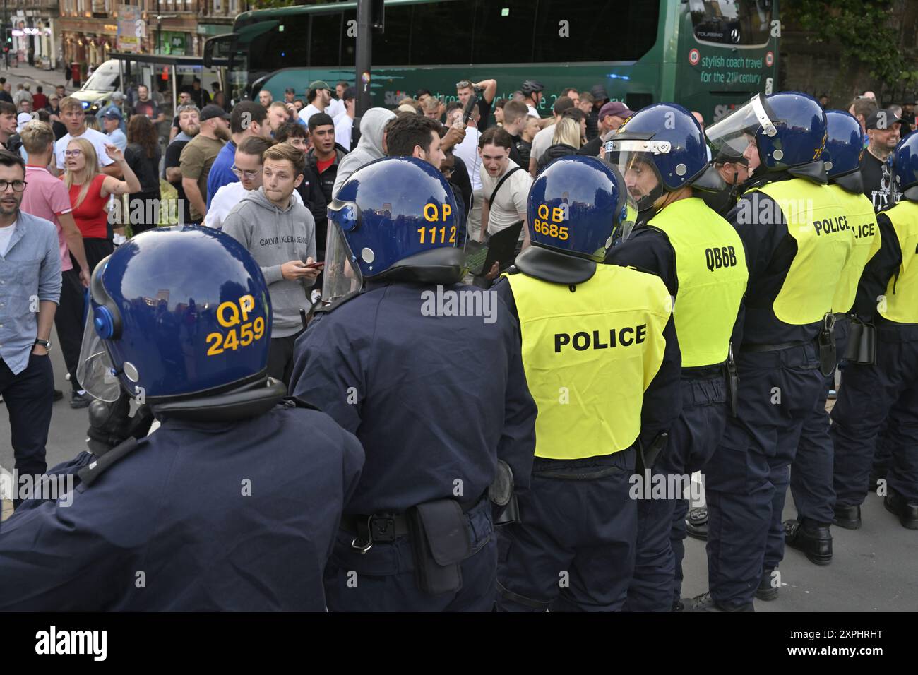 Bristol, Castle Park, UK, protest with pro and anti immigration groups mostly held apart by police lines preventing confrontations Saturday August 3, Stock Photo