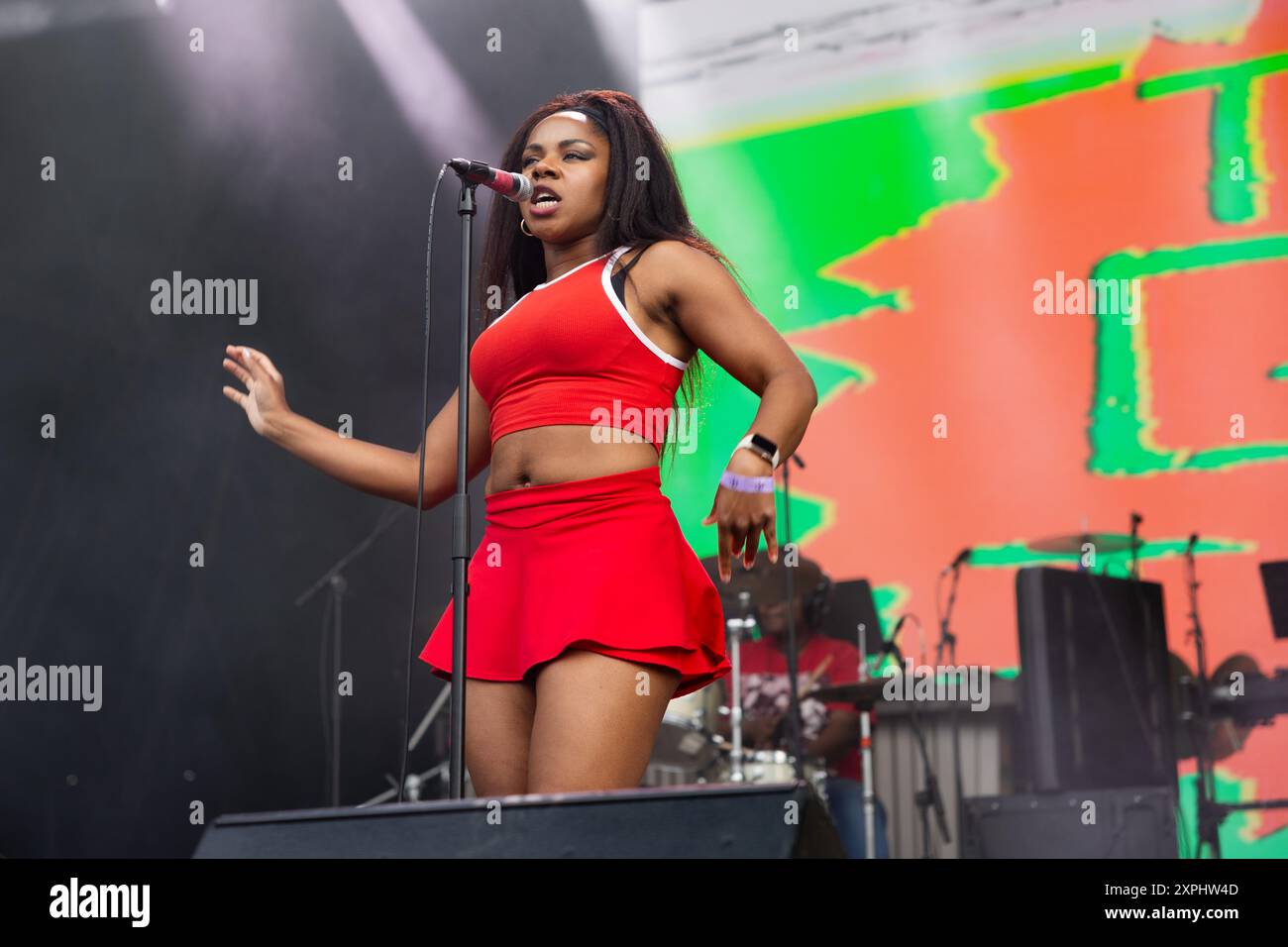 Ninja, vocalist with The Go! Team, on stage at Kaleidoscope festival, Alexandra Palace, London 2024 Stock Photo