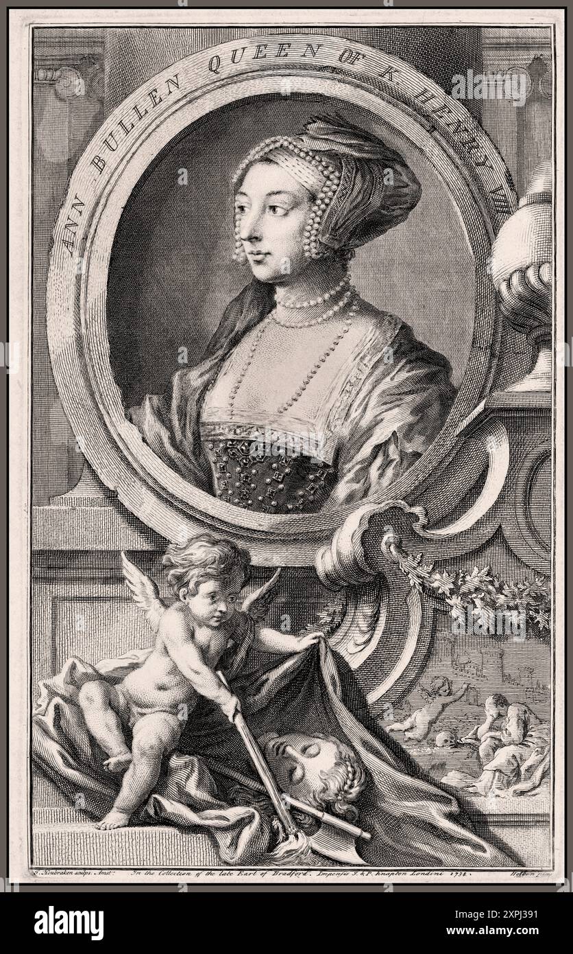 ANNE BOLEYN   'Ann Bullen' Queen of K. Henry VIII  1738 Portrait of Anne Boleyn by Jacobus Houbraken after Hans Holbein. A cherub is lifting the drape covering the executed severed head of the Queen Ann Boleyn Jacobus Houbraken was a noted portrait engravers of the eighteenth century, with the engraver George Vertue and published by Knapton between 1743 and 1752. 'Ann Bullen Queen of King Henry VIII' Hans Holbein; Jacobus Houbraken; John and Paul Knapton Anne Boleyn was Queen of England from 1533 to 1536, as the second wife of King Henry VIII. Stock Photo