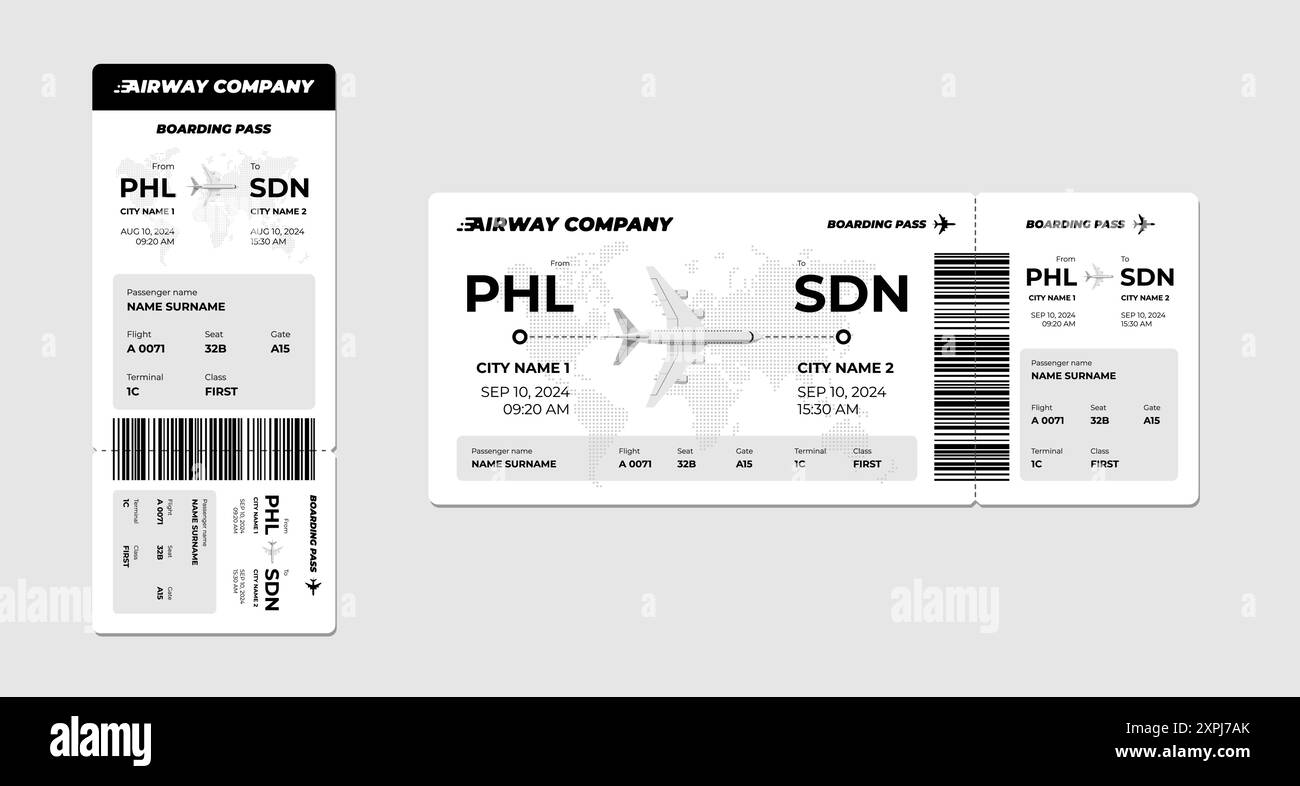 Airline ticket and airplane boarding pass design template. Passenger name and flight details. Flying travel booking vertical and horizontal card layout. Business plane journey airways company document Stock Vector