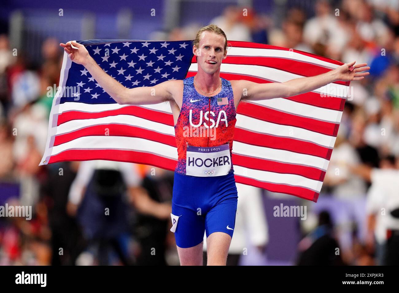 USA's Cole Hocker celebrates winning the Men's 1500m Final at the Stade