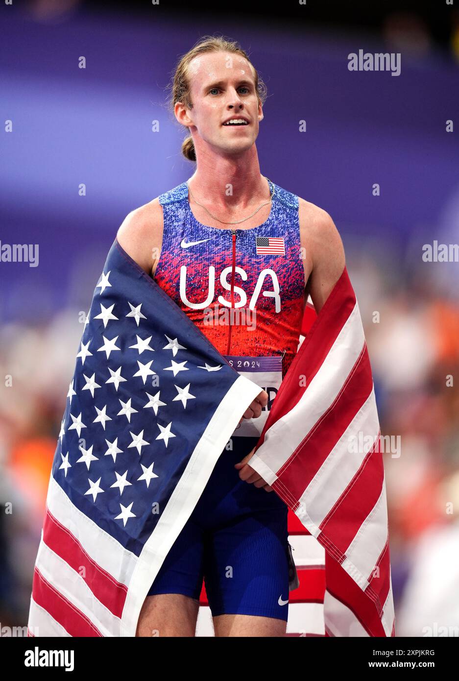 USA's Cole Hocker celebrates winning the Men's 1500m Final at the Stade