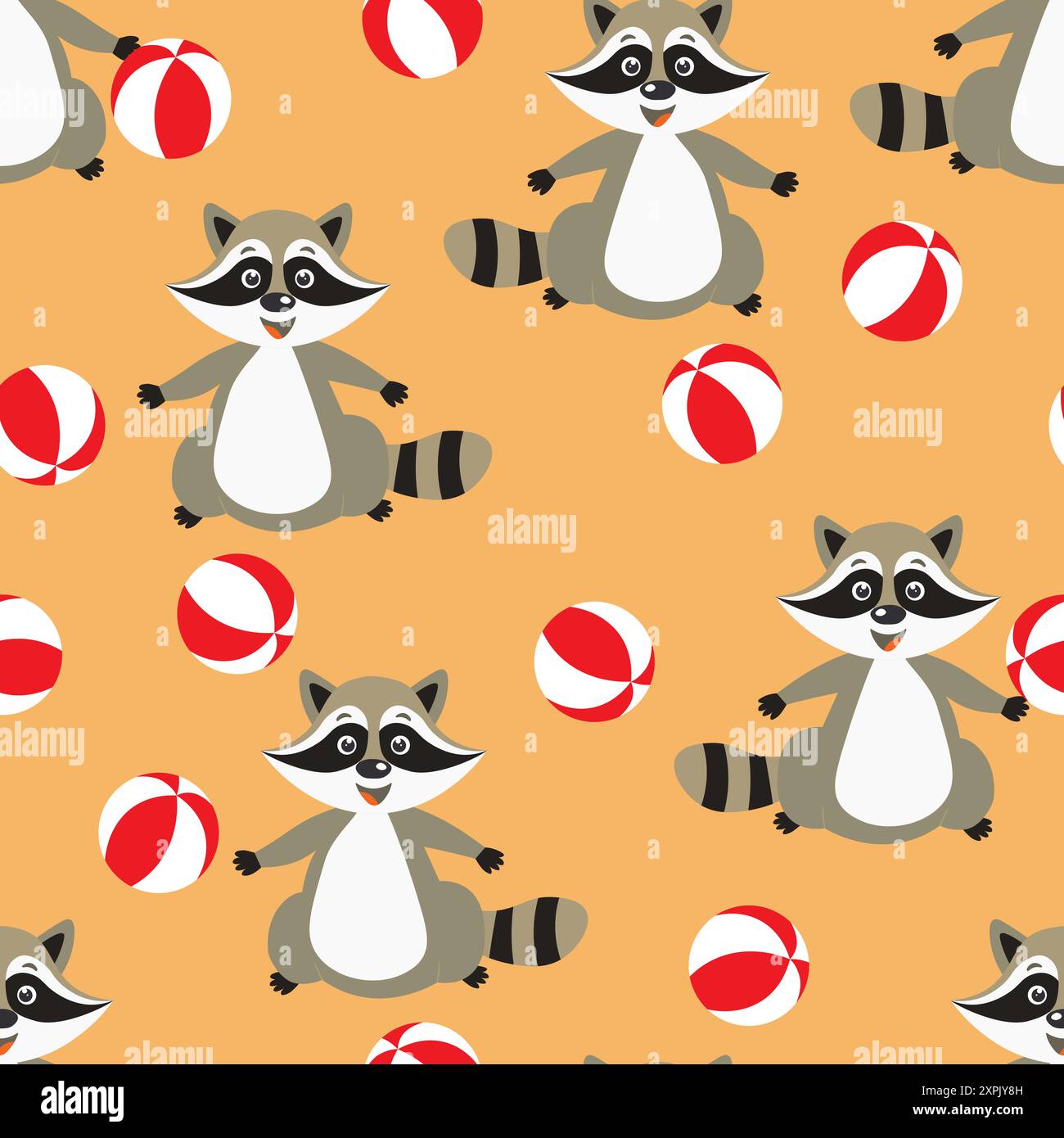 Vector seamless repeating childish pattern with cute raccoon in doodle ...