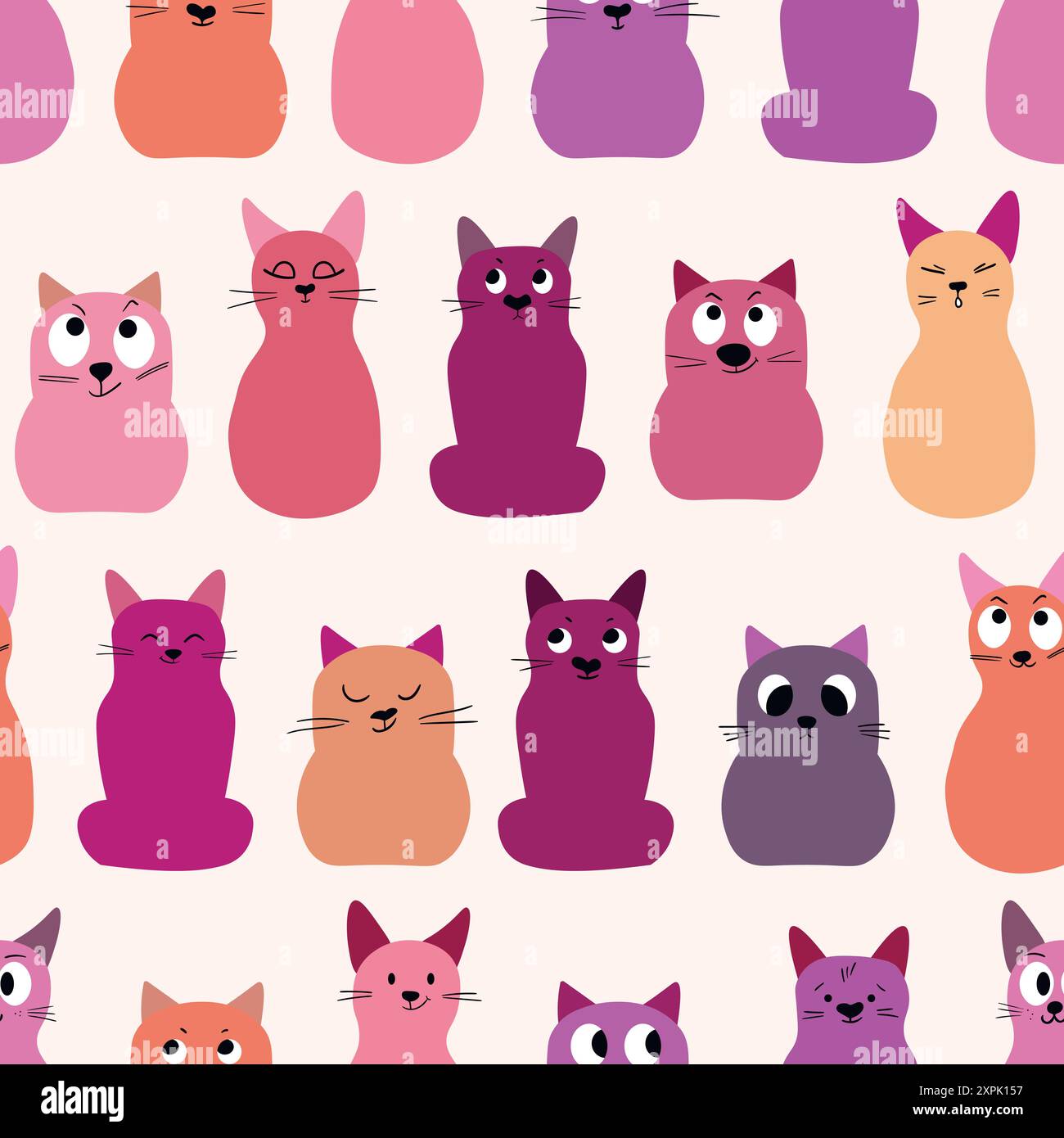 Seamless pattern with cute kitten print. Different scandy cats on color ...