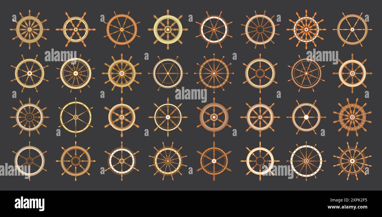 Wooden vintage steering wheels. Ship, sailboat or yacht retro wheel ...