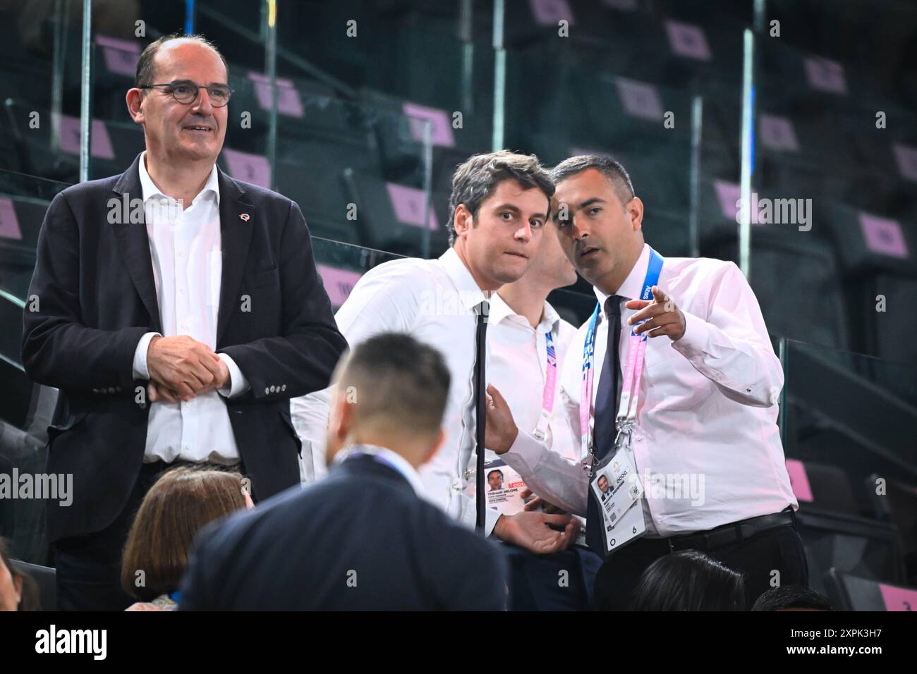 Gabriel Attal ( French Prime Minister ), Basketball, Men&#39;s Quarterfinal between France and Canada during the Olympic Games Paris 2024 on 6 August 2024 at Arena Bercy in Paris, France Stock Photo