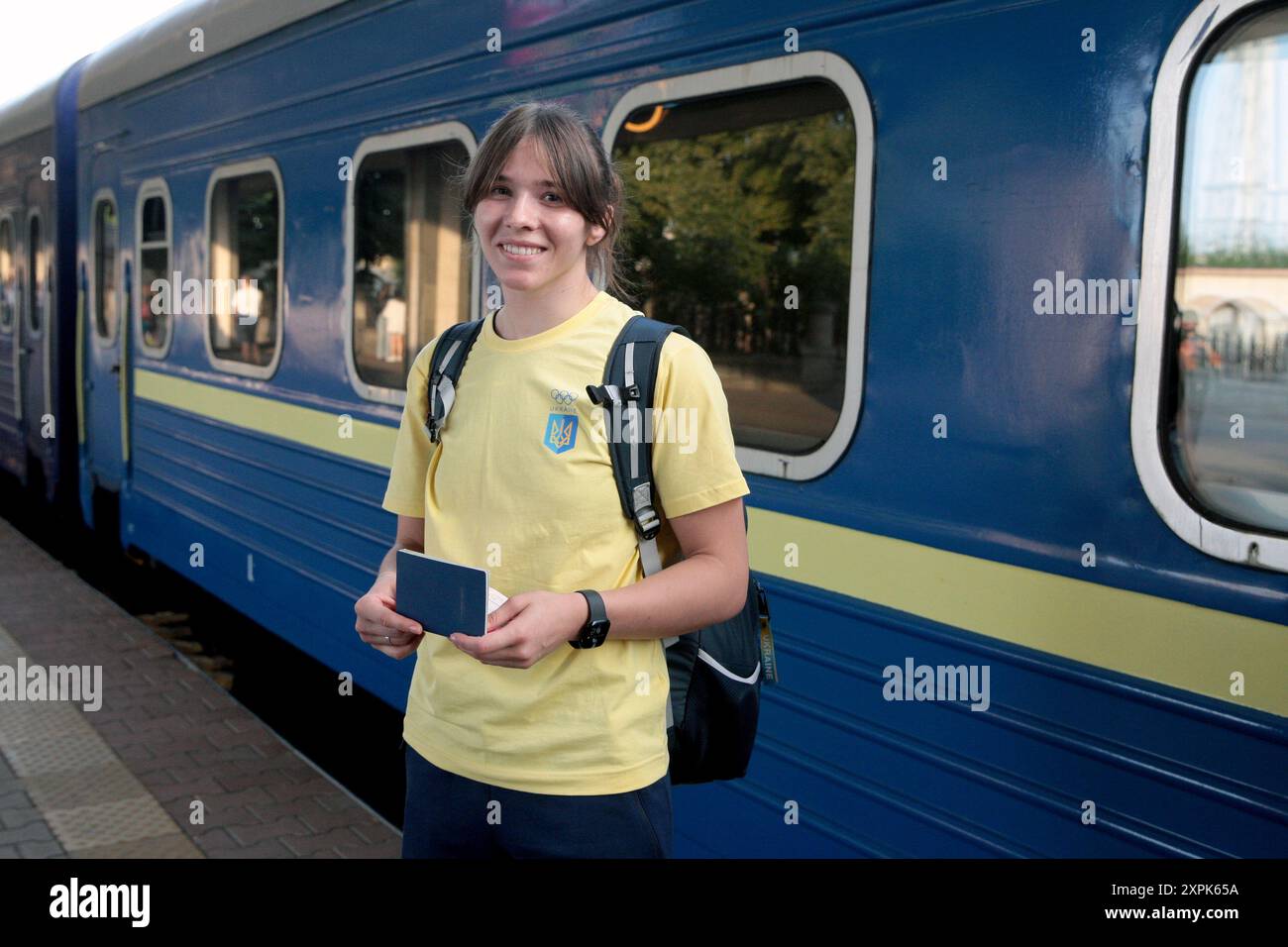 Non Exclusive: KYIV, UKRAINE - AUGUST 2, 2024 - Ukrainian freestyle wrestler Tetiana Sova poses for a photo before the train during the ceremony to se Stock Photo
